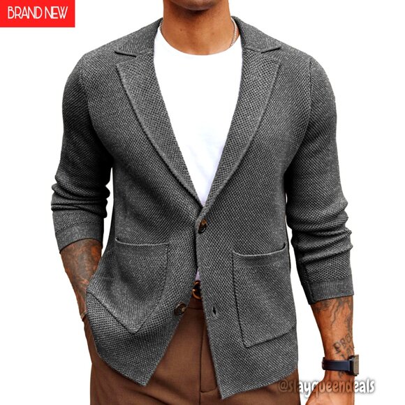 Men's Shawl Collar Cardigan Sweater Blazer Jacket Knitwear Button Down